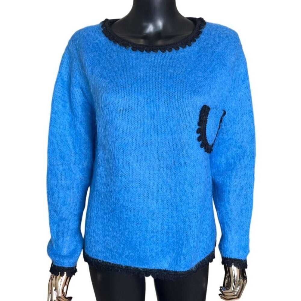 Vintage 70s Smartwear Fashion Cobalt Blue Mohair Blend Sweater Black Trim Medium